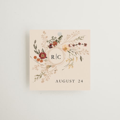 This is a harvest wedding favor tags with standard by Susan Moyal called monogrammed floral printing on signature in tag