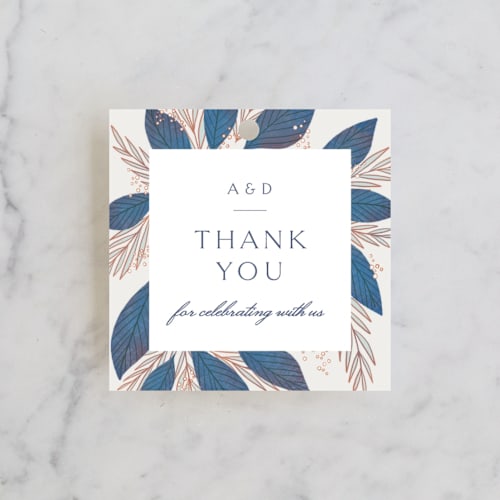 This is a cobalt wedding favor tags with standard by Jen Owens called bouquet printing on signature in tag