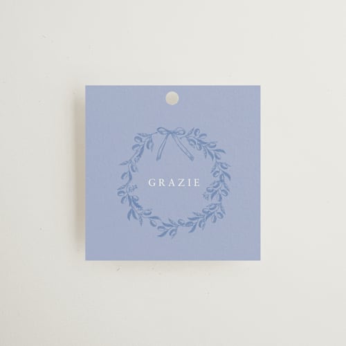 This is a blue mist wedding favor tags with standard by Design Lotus called amalfi blue printing on signature in tag