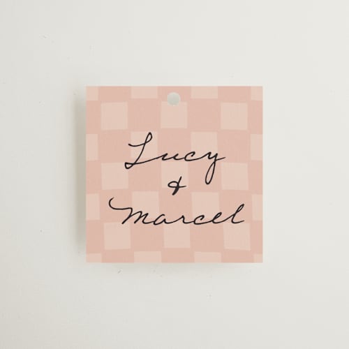 This is a blush wedding favor tags with standard by Ani Somi called ballpoint suite printing on signature in tag