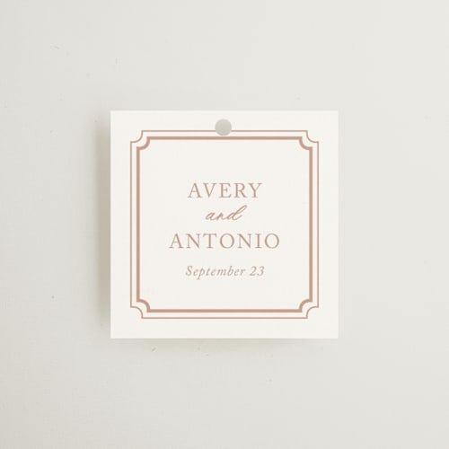 This is a dusty pink wedding favor tags with standard by Jennifer Postorino called avery printing on signature in tag