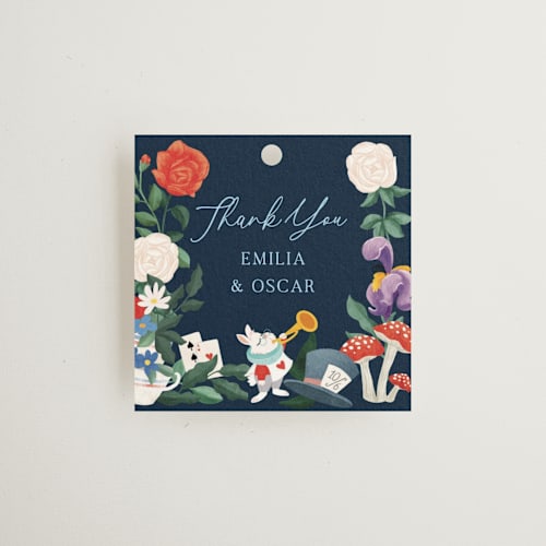 This is a evening wedding favor tags with standard by Elly called disney's alice in wonderland garden tea party printing on signature in tag