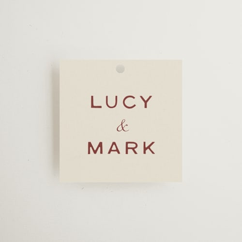 This is a rust wedding favor tags with standard by Ani Somi called rose ink printing on signature in tag