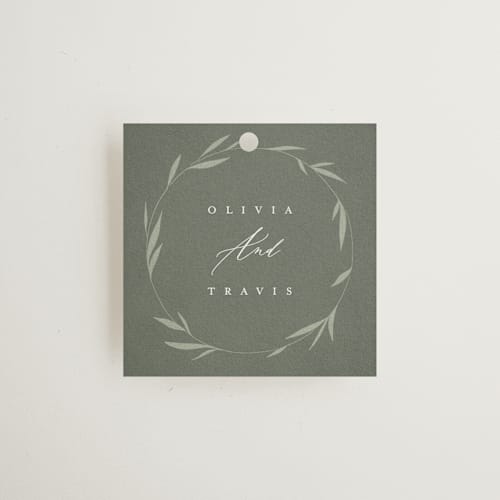 This is a moss wedding favor tags with standard by Kelly Schmidt called minimal circle printing on signature in tag
