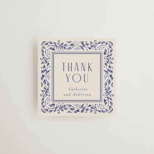 This is a dynasty blue wedding favor tags with standard by Ana de Sousa called tiled romance printing on signature in tag