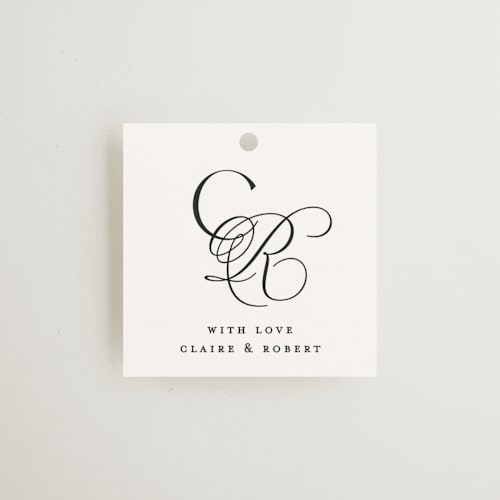 This is a silk wedding favor tags with standard by Kelly Schmidt called monogram script printing on signature in tag