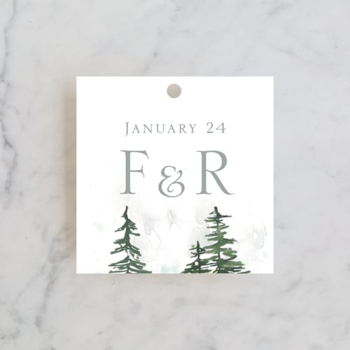 This is a fog wedding favor tags with standard by Mere Paper called on the slopes printing on signature in tag