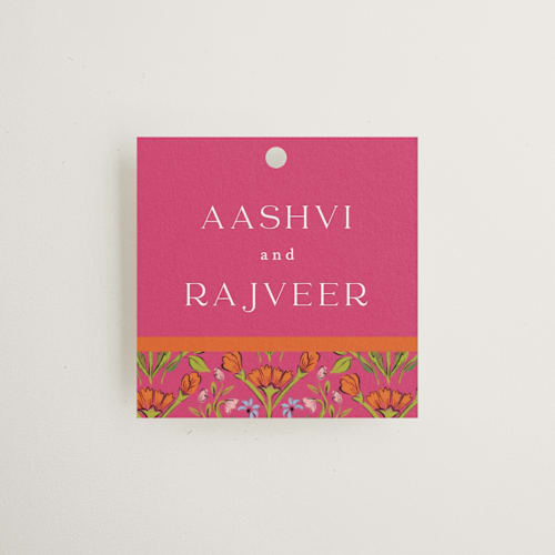This is a fuchsia wedding favor tags with standard by Pati Cascino called varna printing on signature in tag