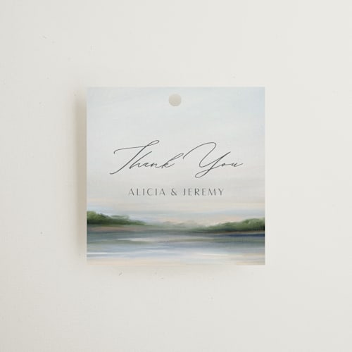 This is a sky wedding favor tags with standard by Nicole Walsh called calm water printing on signature in tag