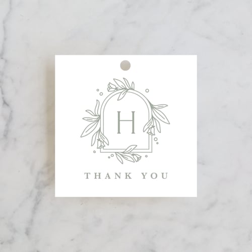This is a sage wedding favor tags with standard by Kristen Smith called simple crest printing on signature in tag