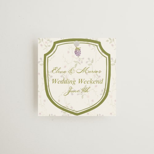 This is a cream wedding favor tags with standard by Nicole Dragomir called wild berry watercolor printing on signature in tag