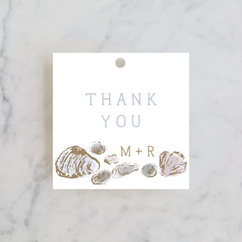 This is a ocean wedding favor tags with standard by Shiny Penny Studio called rocky seaside frame printing on signature in tag