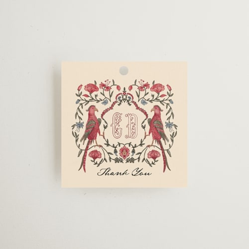 This is a almond wedding favor tags with standard by Jenna Holcomb called tapestry printing on signature in tag