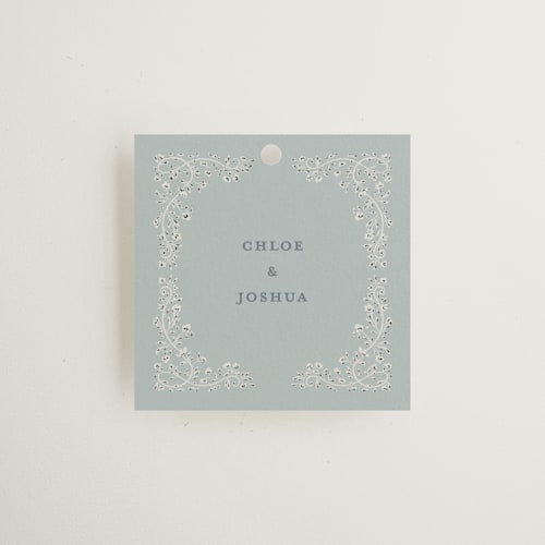 This is a something blue wedding favor tags with standard by Gwen Bedat called floral romance printing on signature in tag