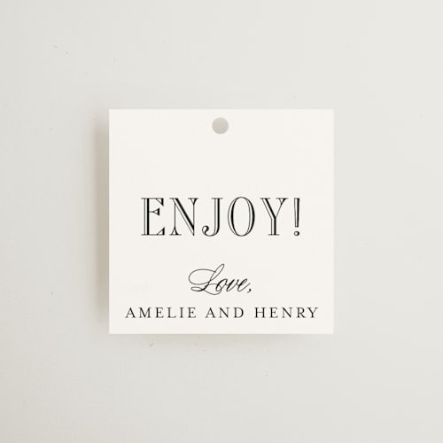 This is a tuxedo wedding favor tags with standard by Megan Davis called hepburn printing on signature in tag