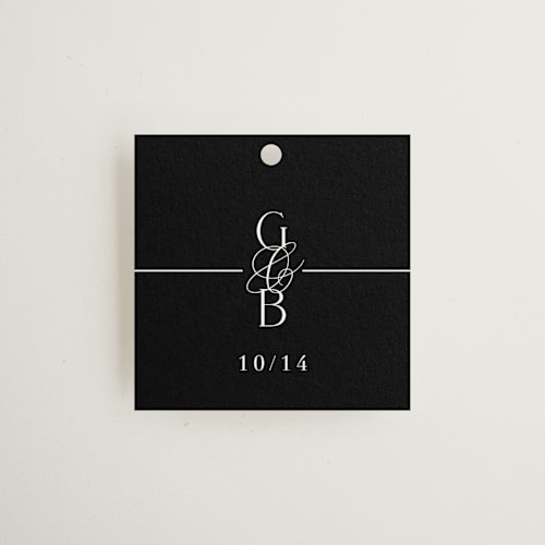 This is a caviar wedding favor tags with standard by Olivia Raufman called grand scale printing on signature in tag