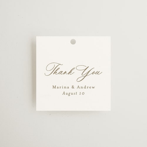 This is a deep olive wedding favor tags with standard by Nicole Walsh called refined printing on signature in tag