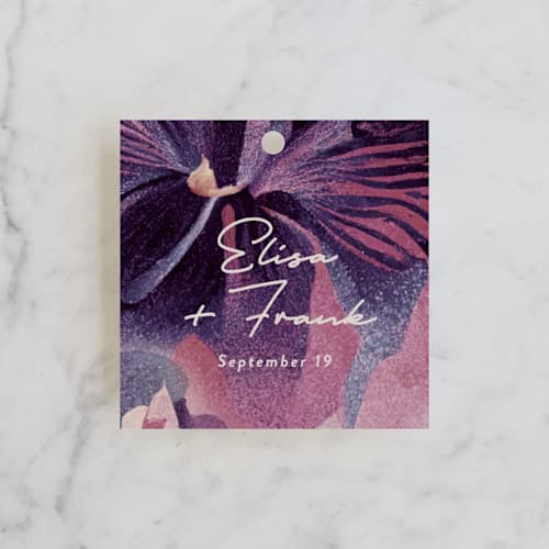 This is a orchid wedding favor tags with standard by Simona Camp called elisa printing on signature in tag