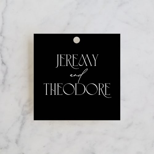 This is a noir wedding favor tags with standard by Benita Crandall called black-tie printing on signature in tag