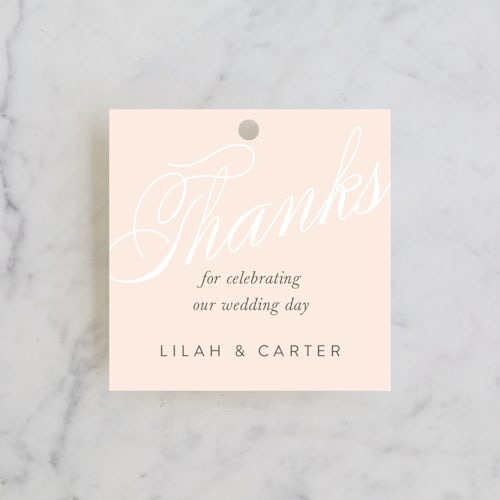 This is a blush wedding favor tags with standard by Stacey Day called classic lux printing on signature in tag