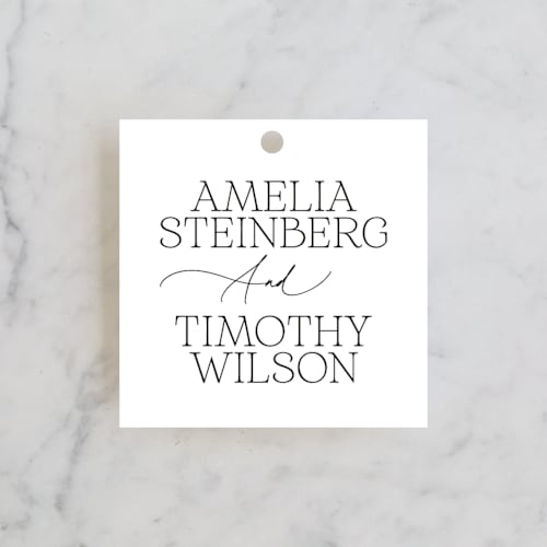 This is a pearl wedding favor tags with standard by Benita Crandall called dashing printing on signature in tag