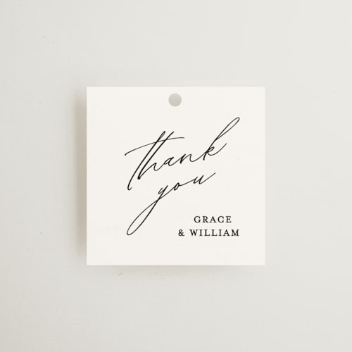 This is a cotton wedding favor tags with standard by Angela Thompson called delicate script printing on signature in tag