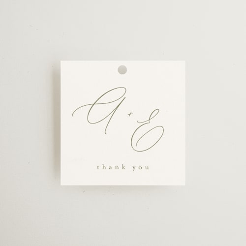 This is a olive wedding favor tags with standard by Kristie Kern called amelia printing on signature in tag