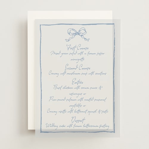 This is a canopy menu cards with standard by Cass Loh called ribbon bow drawing printing on translucent vellum in overlay