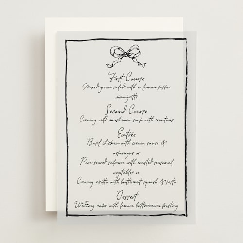 This is a suit menu cards with standard by Cass Loh called ribbon bow drawing printing on translucent vellum in overlay