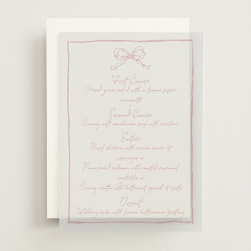 This is a petal menu cards with standard by Cass Loh called ribbon bow drawing printing on translucent vellum in overlay