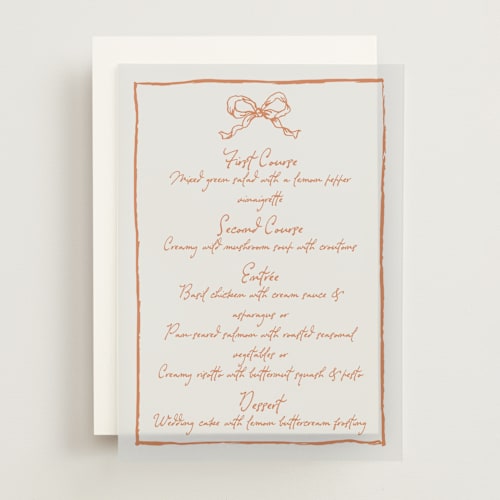 This is a sunshine menu cards with standard by Cass Loh called ribbon bow drawing printing on translucent vellum in overlay