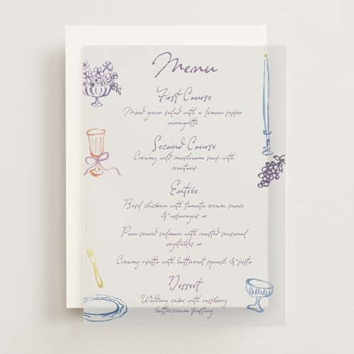 This is a hydrangea menu cards with standard by Cass Loh called tablescape drawing printing on translucent vellum in overlay