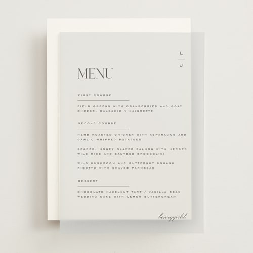 This is a charcoal menu cards with standard by Heather Cairl called clarity printing on translucent vellum in overlay