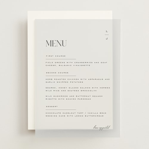 This is a ink menu cards with standard by Heather Cairl called clarity printing on translucent vellum in overlay