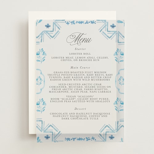 This is a cerulean menu cards with standard by Itsy Belle Studio called almafi printing on translucent vellum in overlay
