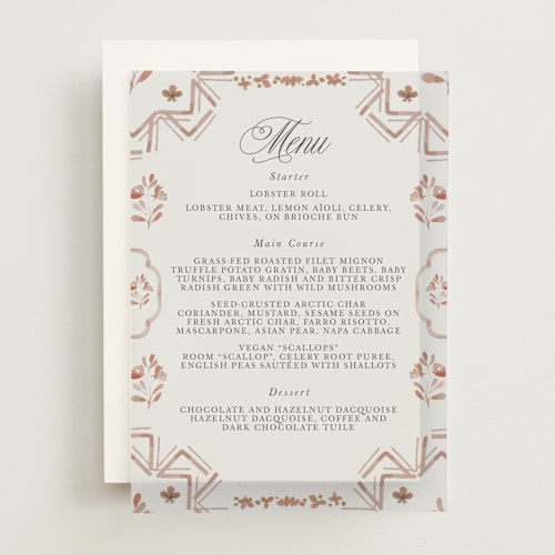 This is a terracotta menu cards with standard by Itsy Belle Studio called almafi printing on translucent vellum in overlay
