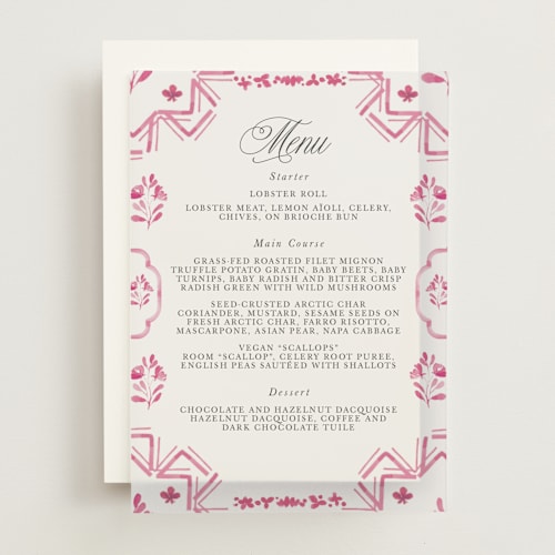 This is a magenta menu cards with standard by Itsy Belle Studio called almafi printing on translucent vellum in overlay