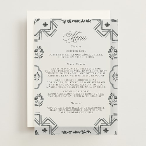 This is a ebony menu cards with standard by Itsy Belle Studio called almafi printing on translucent vellum in overlay