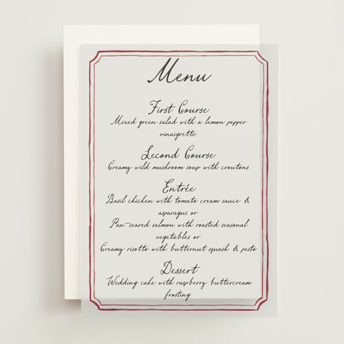 This is a wine menu cards with standard by Cass Loh called handwritten printing on translucent vellum in overlay