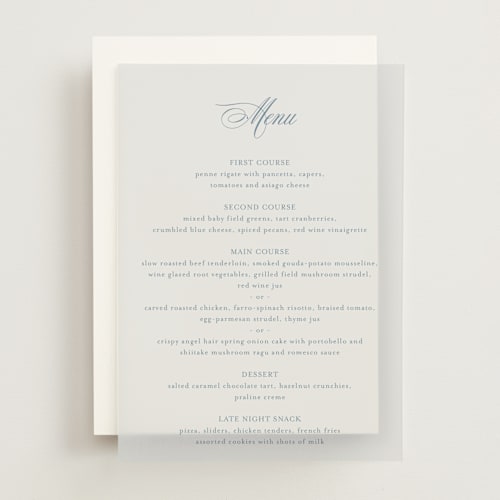 This is a dusty blue menu cards with standard by Jennifer Postorino called empire printing on translucent vellum in overlay