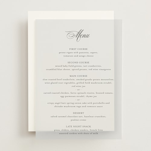 This is a midnight menu cards with standard by Jennifer Postorino called empire printing on translucent vellum in overlay