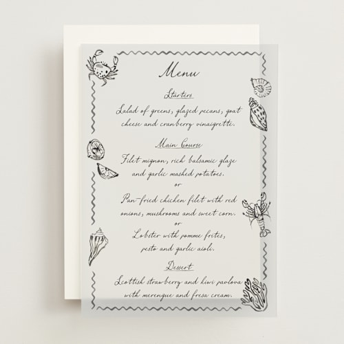 This is a rock menu cards with standard by Pati Cascino called puglia printing on translucent vellum in overlay