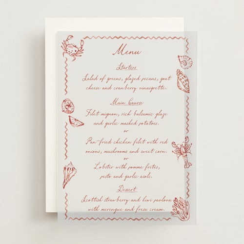 This is a coral menu cards with standard by Pati Cascino called puglia printing on translucent vellum in overlay