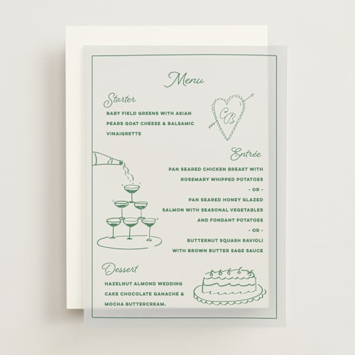 This is a avocado menu cards with standard by Helena Vitto called crazy little thing called love printing on translucent vellum in overlay