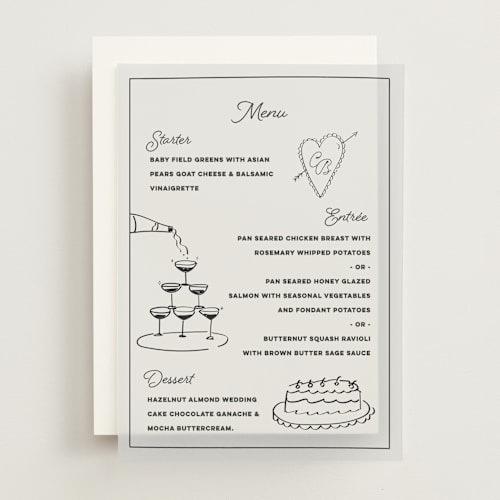 This is a leather menu cards with standard by Helena Vitto called crazy little thing called love printing on translucent vellum in overlay