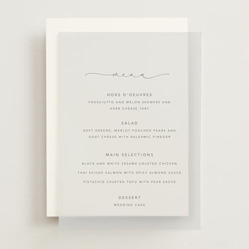 This is a charcoal menu cards with standard by Design Lotus called join together printing on translucent vellum in overlay