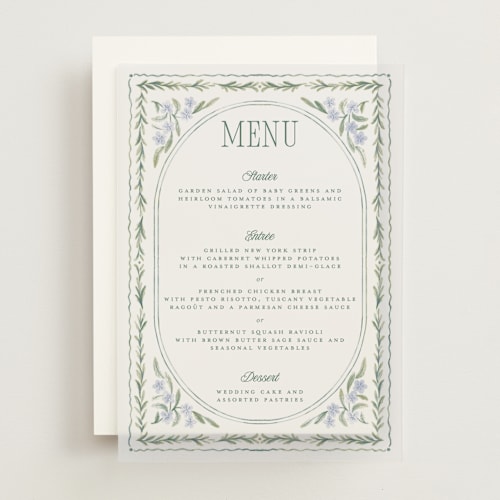 This is a wisteria menu cards with standard by Jenna Holcomb called vintage sketched printing on translucent vellum in overlay