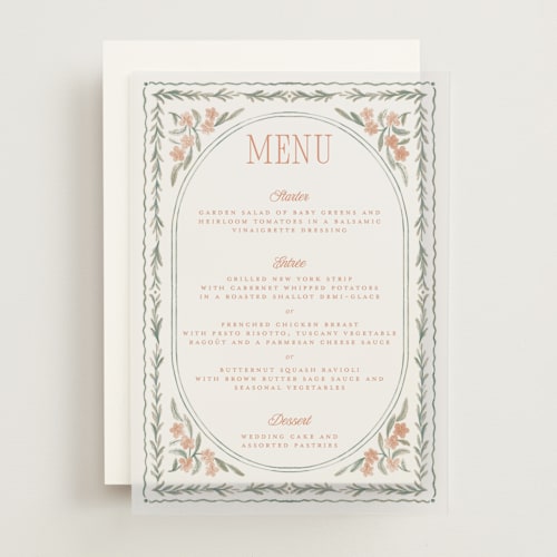 This is a persimmon menu cards with standard by Jenna Holcomb called vintage sketched printing on translucent vellum in overlay