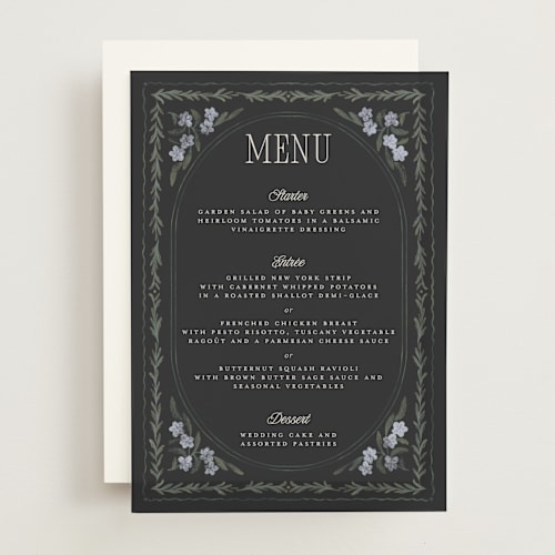 This is a midnight menu cards with standard by Jenna Holcomb called vintage sketched printing on translucent vellum in overlay