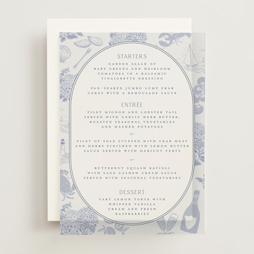 This is a periwinkle menu cards with standard by Jenna Holcomb called coastal toile printing on translucent vellum in overlay